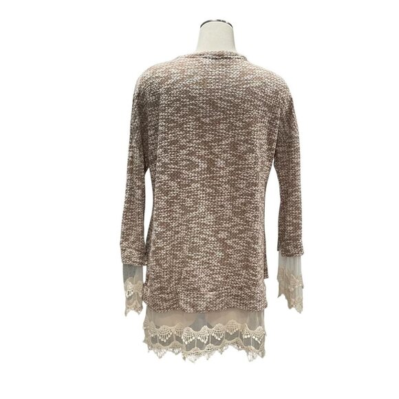 Brown Knit Tunic Top - Sheer Lace Hemline Boho Chic Cottagecore Retro Feminine - Picture 4 of 7